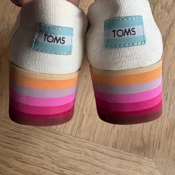 TOMS Alpargata Platform Espadrille Shoes White Canvas Rainbow Wedge Sole Size 5‎ - Picture 6 of 8